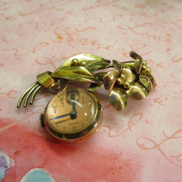 HARMAN Sterling Vermeil Mechanical Watch Brooch ~ 1930s Floral Wind Up Watch Pin - Picture 7 of 14